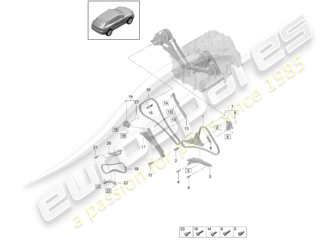 porsche 2021 (macan) tendicatena della guida di scorrimento della catena di distribuzione diagramma delle parti