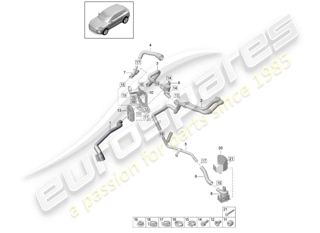 porsche 2021 (macan) riscaldatore r4 2,0l tfsi scatola dell'acqua lhd schema delle parti
