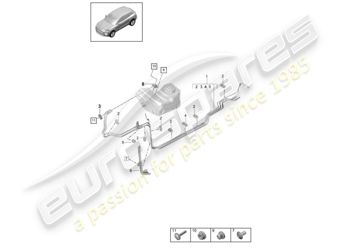 porsche 2021 (macan) sistema di alimentazione condotto del carburante sottoscocca diagramma delle parti