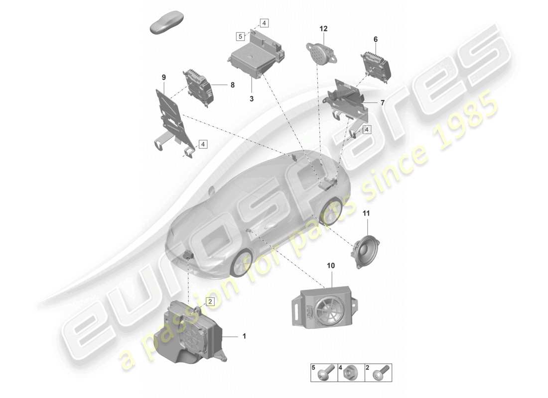 porsche 2020 (taycan 9j1-1) sistema audio motore altoparlante ausilio al parcheggio cicalino di avvertimento per veicoli con attivazione elettrica del portellone posteriore schema dei componenti