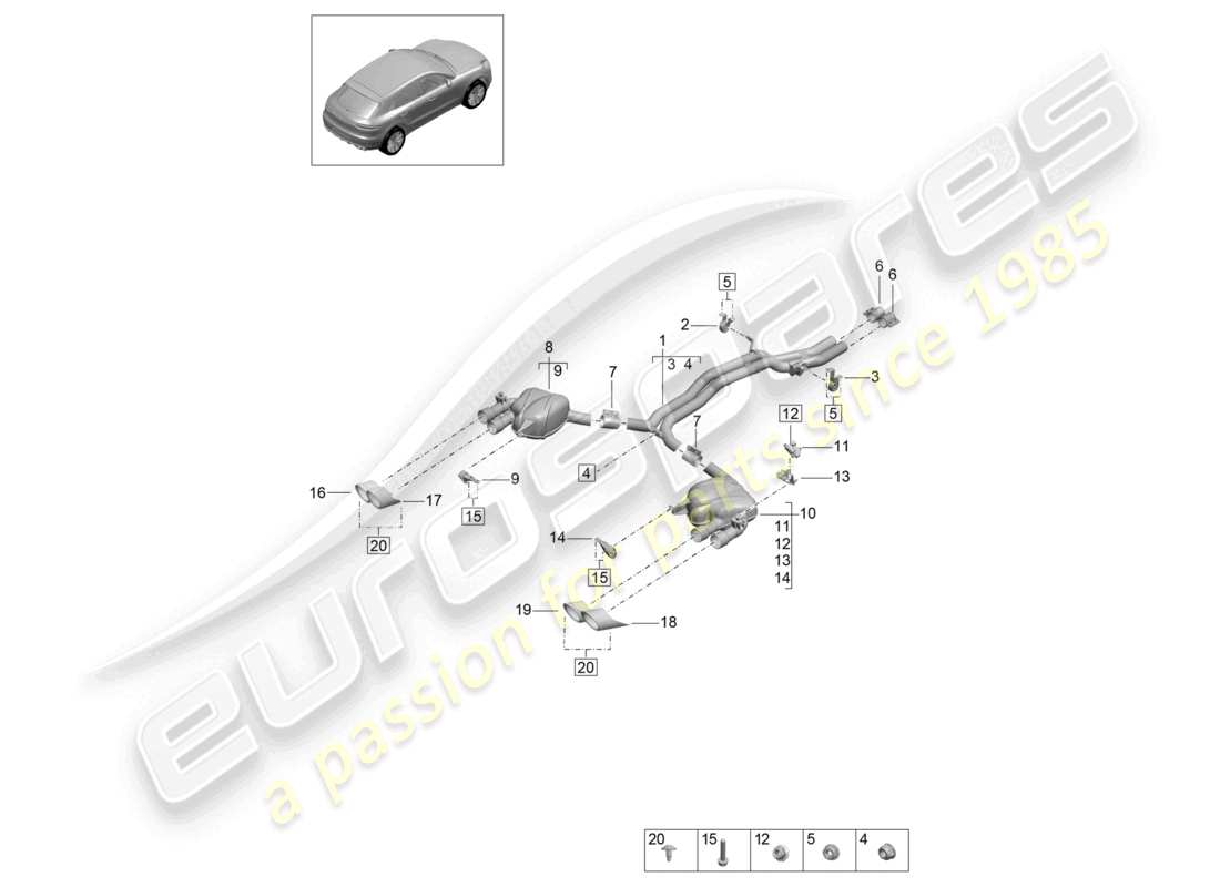 porsche 2021 (macan) sistema di scarico silenziatore anteriore silenziatore posteriore diagramma delle parti
