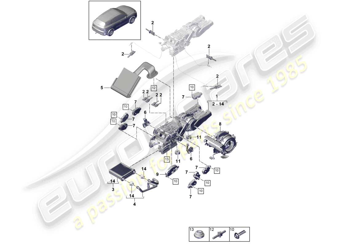 porsche 2023 (cayenne e3 9ya/9yb) schema dei componenti del sistema di aria condizionata/riscaldamento posteriore per veicoli con scambiatore di calore 2nd