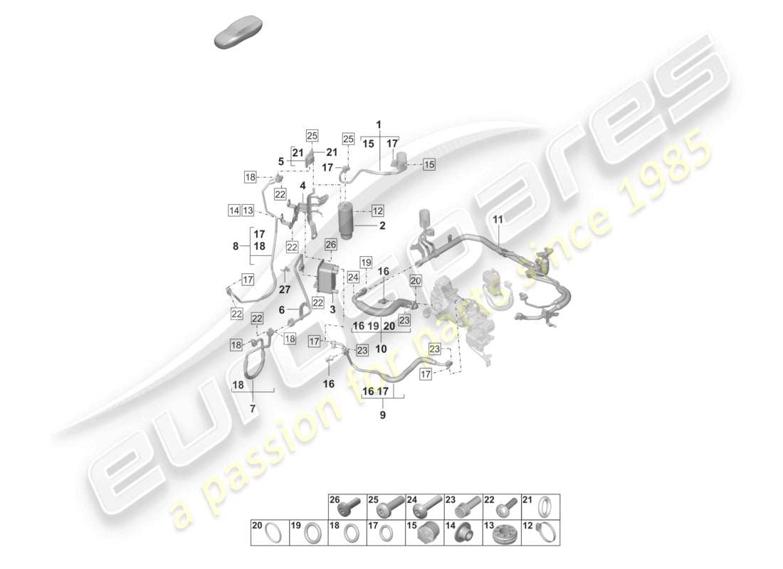 porsche 2020 (taycan 9j1-1) aria condizionata linea refrigerante inserto essiccatore con parti di fissaggio senza: pompa di calore r134a refrigerante diagramma delle parti