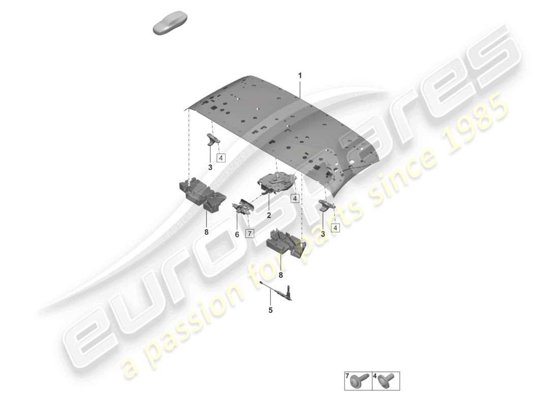 porsche 2021 (992-1 turbo / s) schema delle parti del fermo del telaio superiore del tetto
