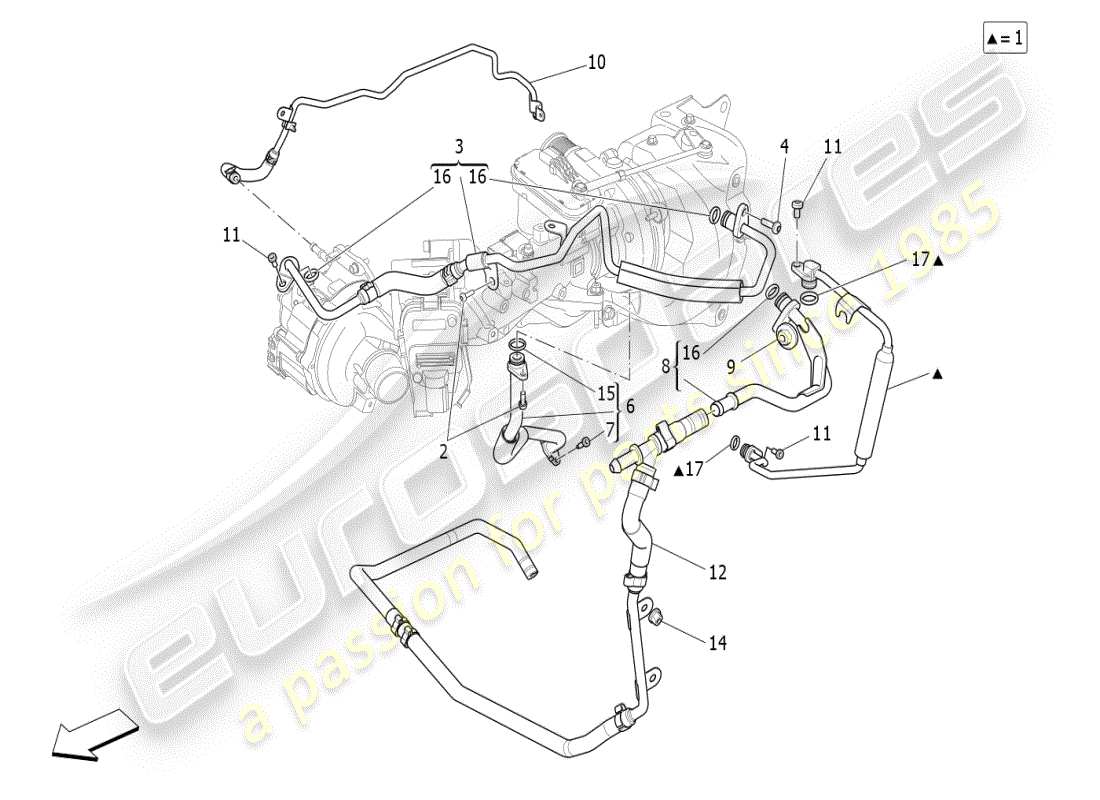maserati ghibli (2021) sistema turbocompressore: lubrificazione e raffreddamento schema delle parti