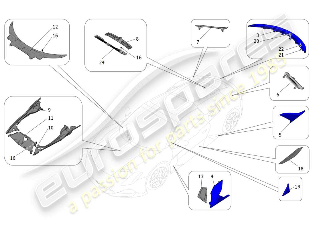 maserati mc20 cielo (2023) schema delle parti di scudi, finiture e pannelli di copertura