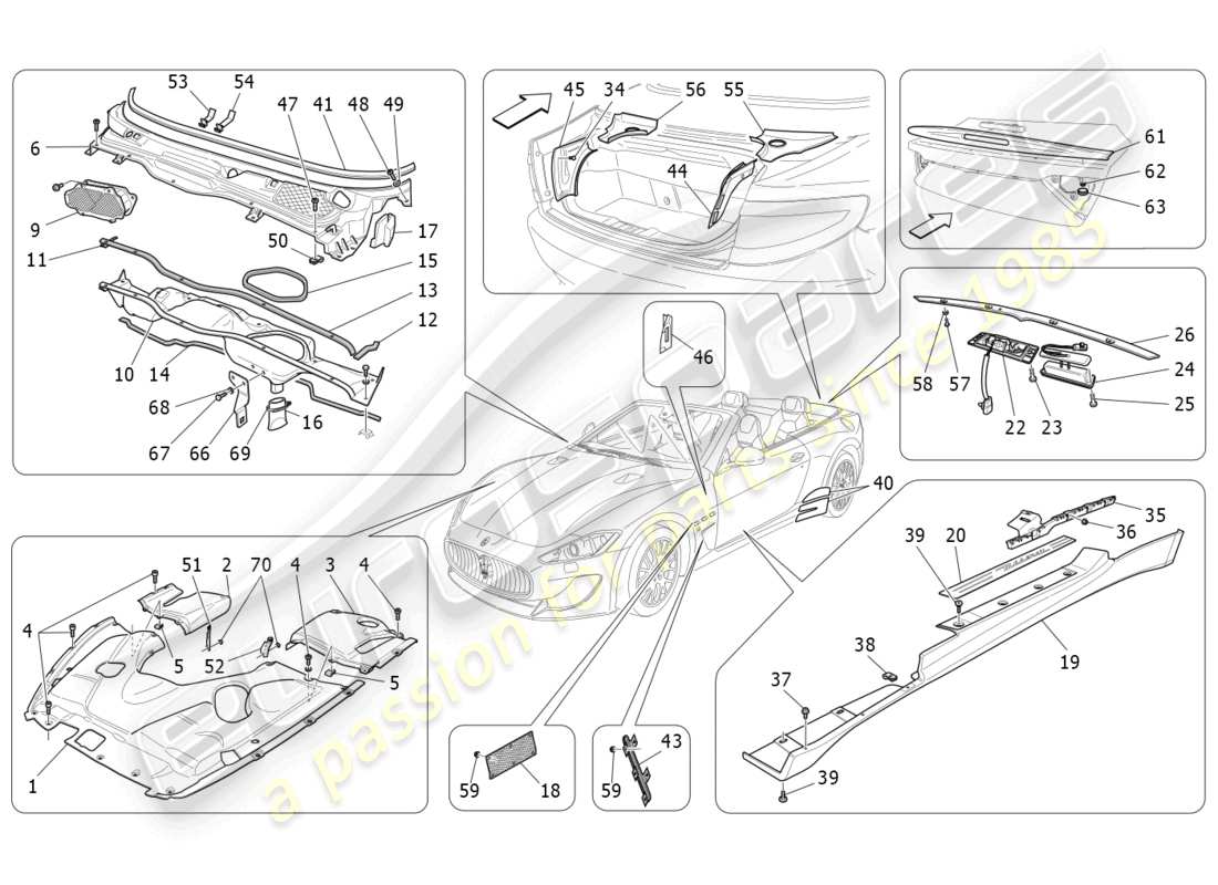 maserati grancabrio mc (2013) schermatura, profili e pannelli di copertura diagramma delle parti