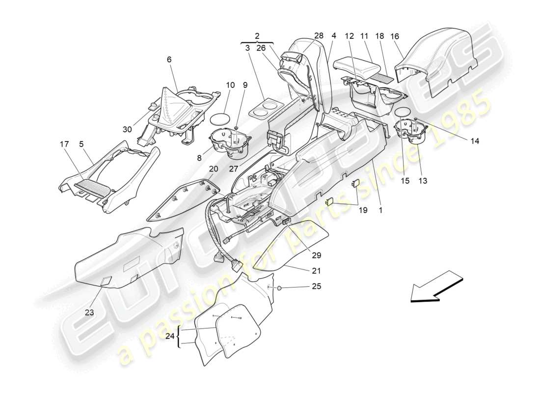 maserati grancabrio mc (2013) schema delle parti della console accessoria e della console centrale