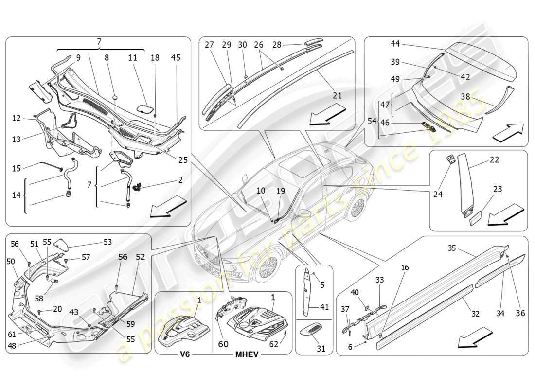 maserati levante modena s (2022) schema delle parti di scudi, finiture e pannelli di copertura