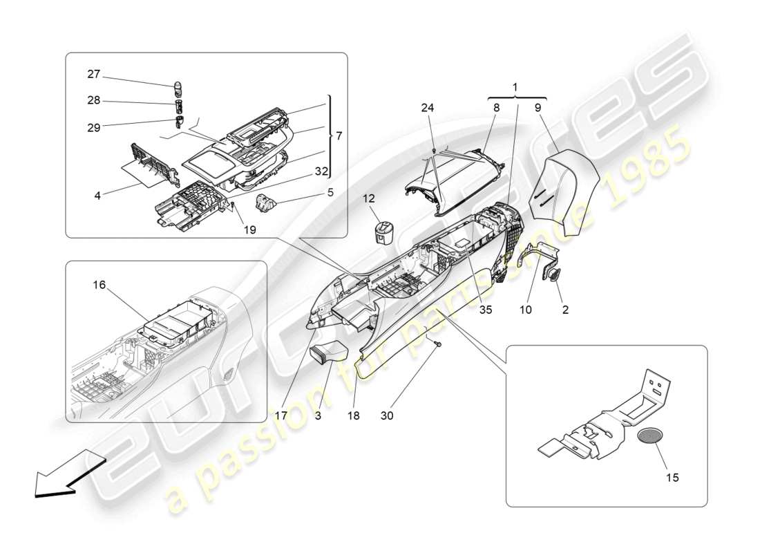 maserati levante gts (2020) schema delle parti della console accessoria e della console centrale