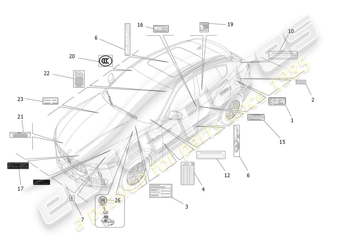 maserati levante zenga (2020) diagramma delle parti di adesivi ed etichette