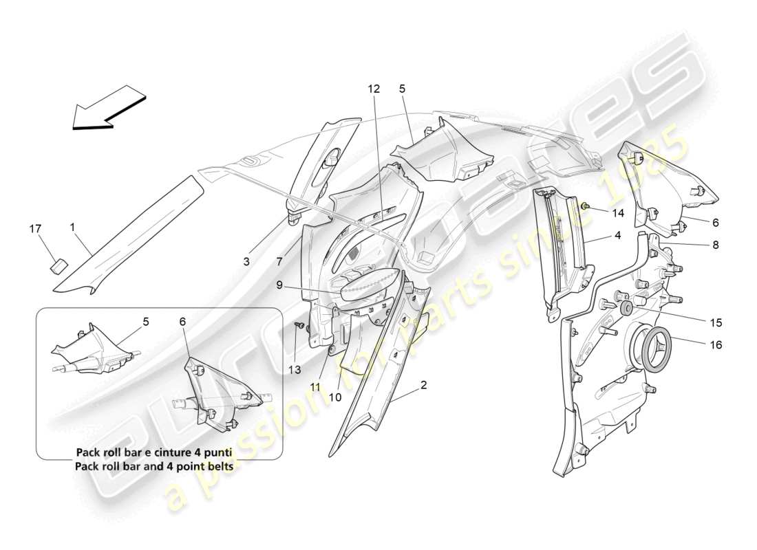 maserati granturismo mc stradale (2011) schema delle parti dei pannelli di rivestimento del montante b e dei pannelli laterali dell'abitacolo