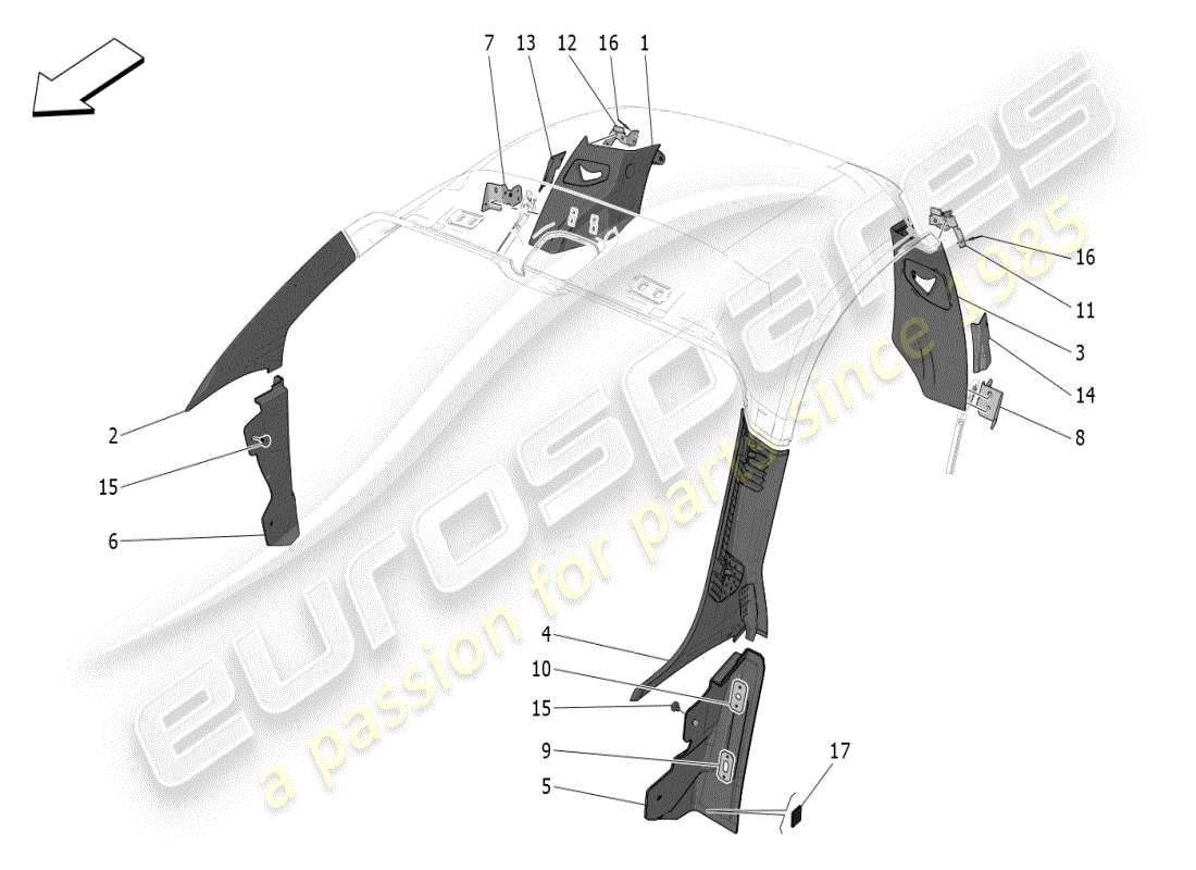 maserati mc20 (2024) schema delle parti dei pannelli di rivestimento del montante b e dei pannelli laterali dell'abitacolo