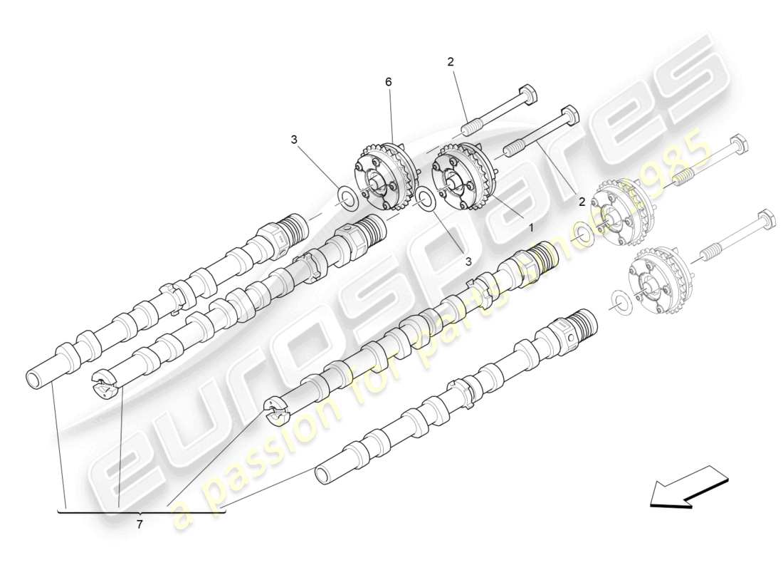 maserati levante gts (2020) diagramma delle parti degli alberi a camme della testata destra