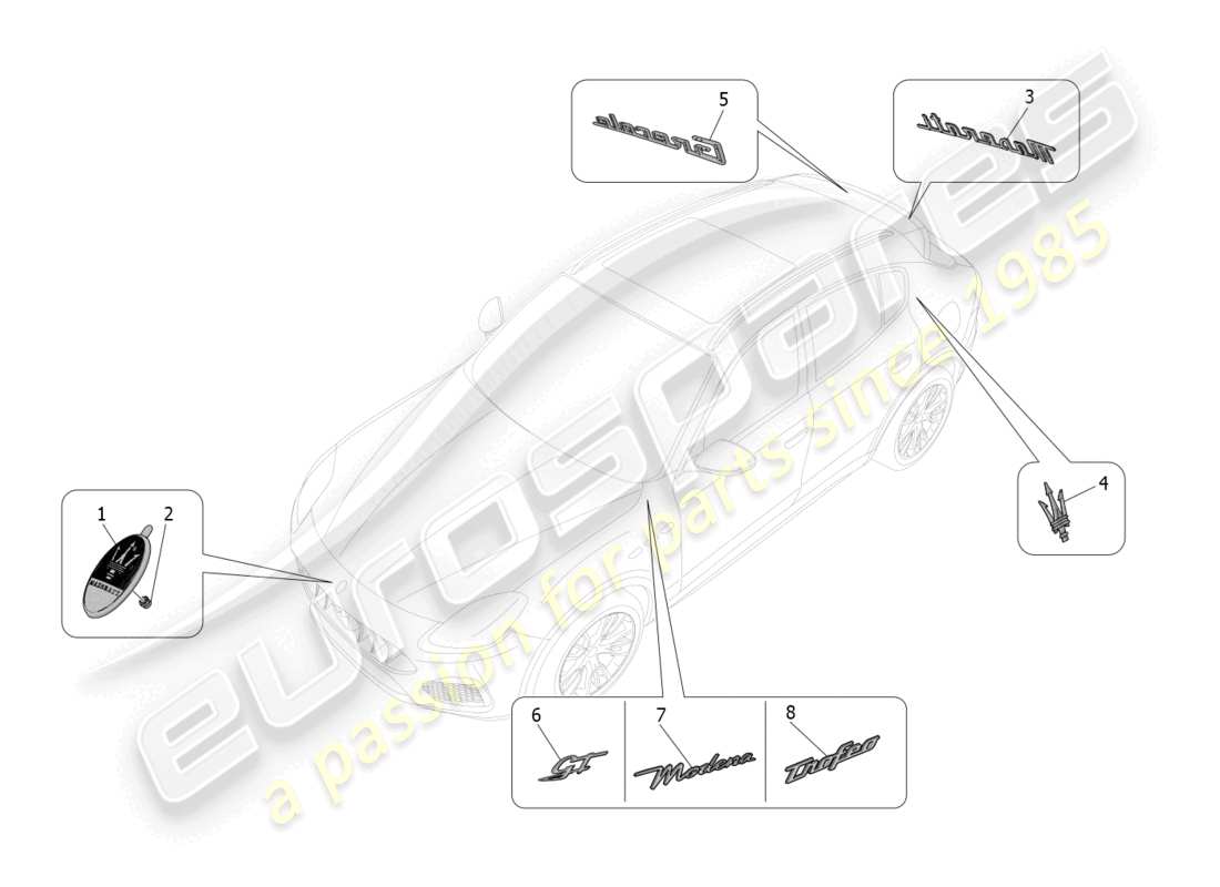 maserati grecale trofeo (2023) diagramma delle parti di finiture, marchi e simboli