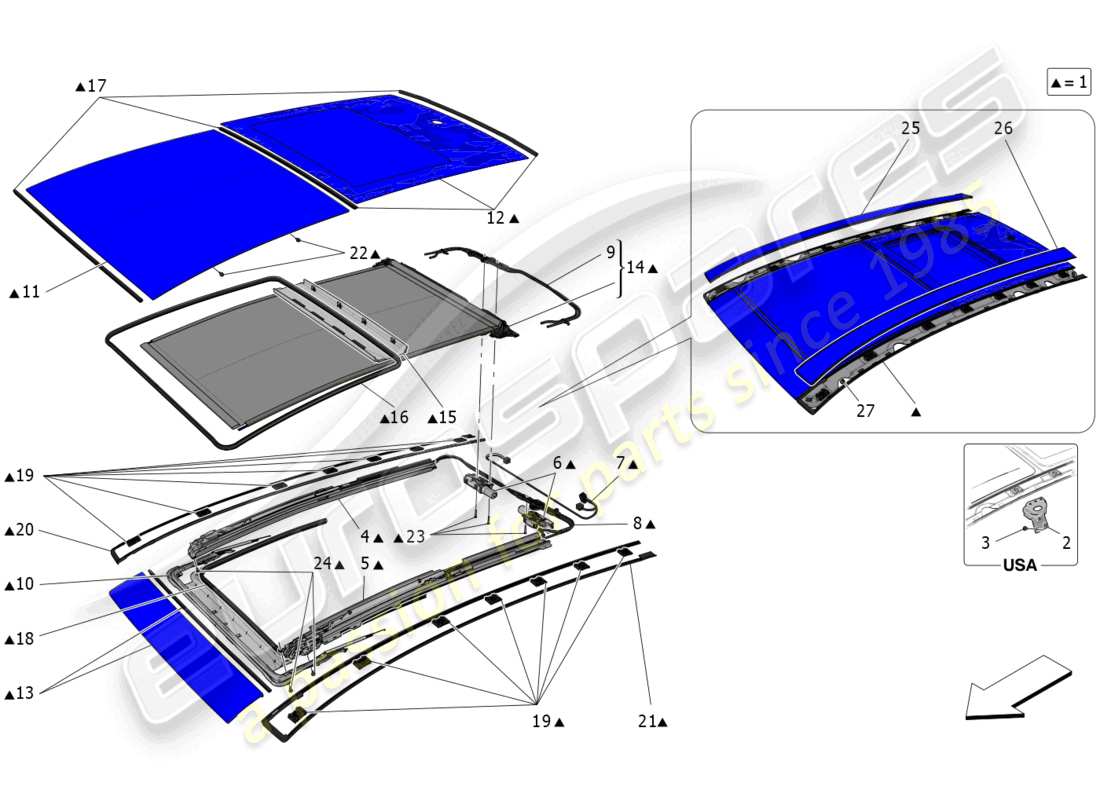 maserati grecale trofeo (2023) diagramma delle parti del tetto apribile