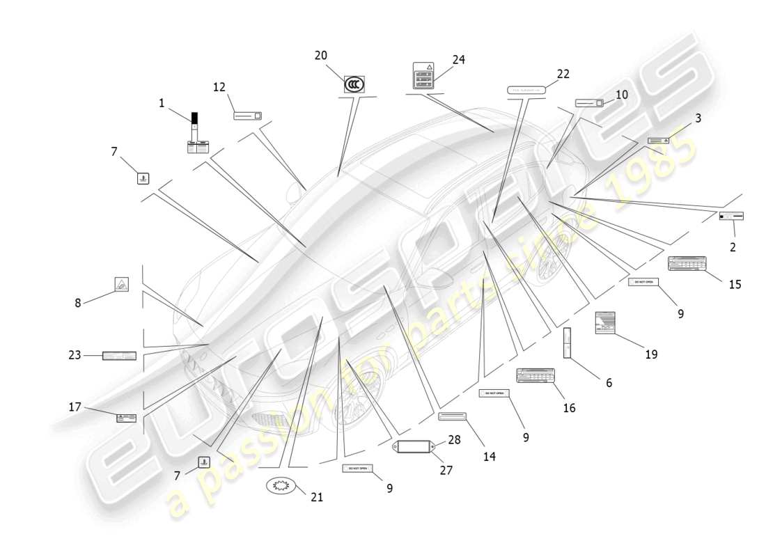 maserati grecale trofeo (2023) diagramma delle parti di adesivi ed etichette