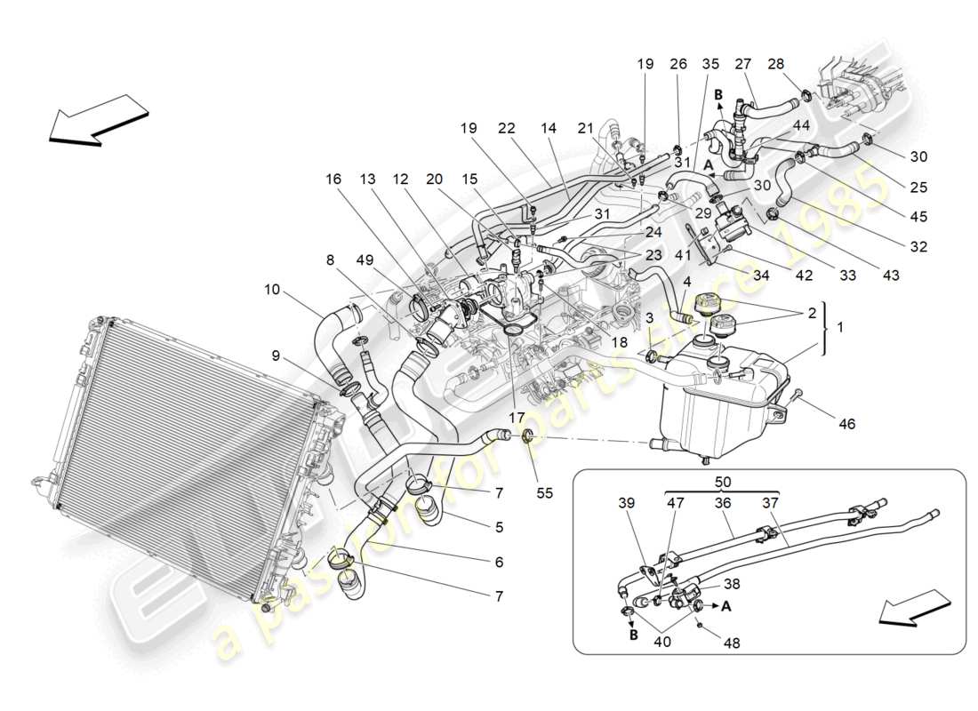 maserati quattroporte (2018) sistema di raffreddamento: diagramma delle parti di nourice e linee