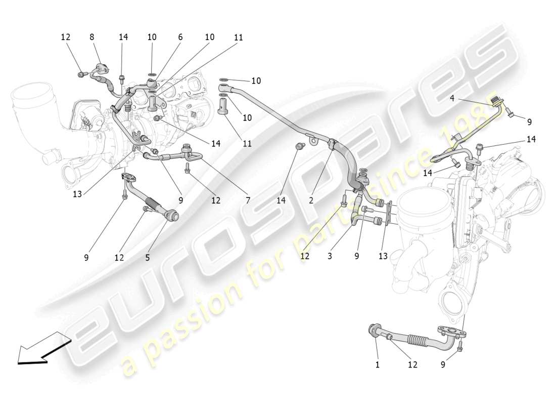 maserati grecale trofeo (2023) sistema turbocompressore: lubrificazione e raffreddamento schema delle parti