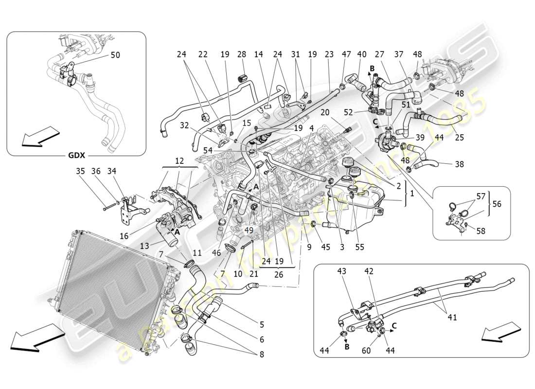 maserati levante zenga (2020) sistema di raffreddamento: diagramma delle parti di nourice e linee