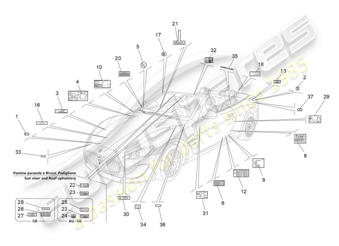 maserati grancabrio mc (2013) diagramma delle parti di adesivi ed etichette