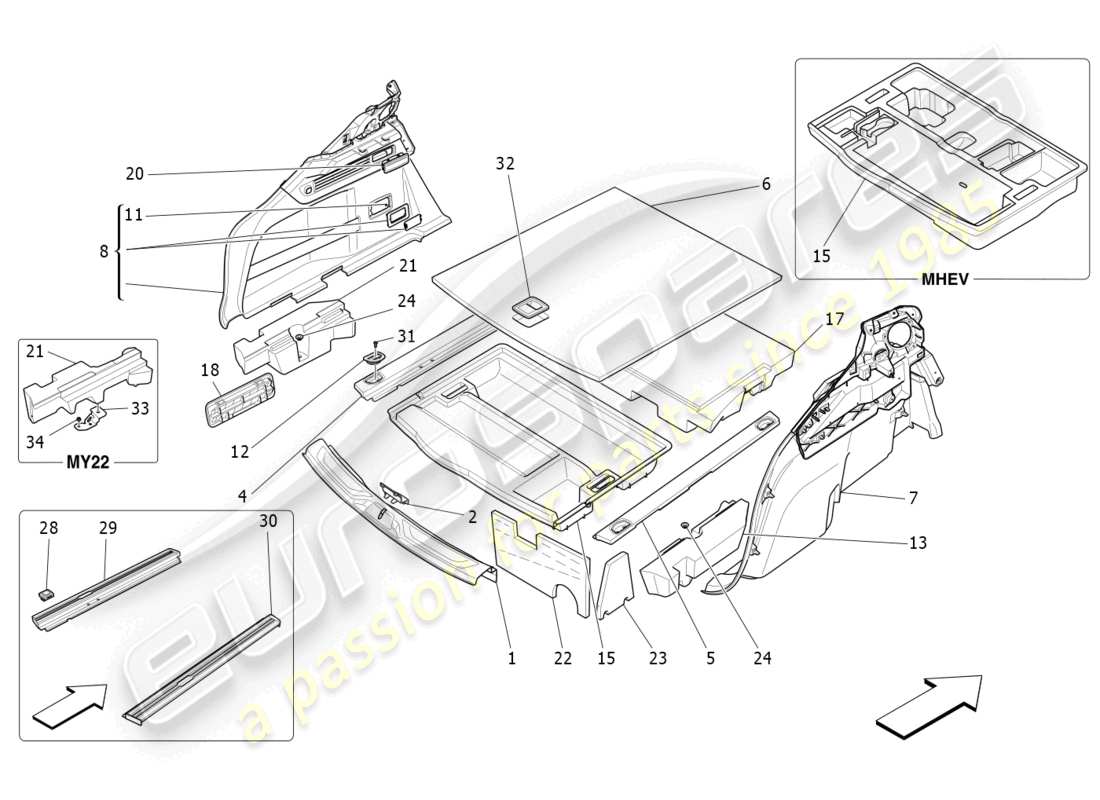 maserati levante gts (2020) diagramma delle parti dei tappetini del vano bagagli