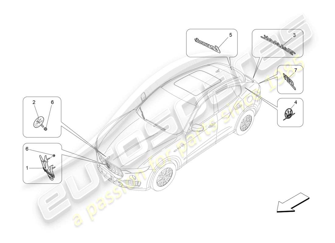 maserati levante (2017) diagramma delle parti di finiture, marchi e simboli