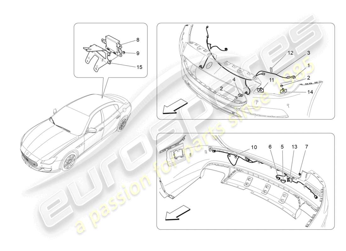 maserati quattroporte (2018) diagramma delle parti dei sensori di parcheggio