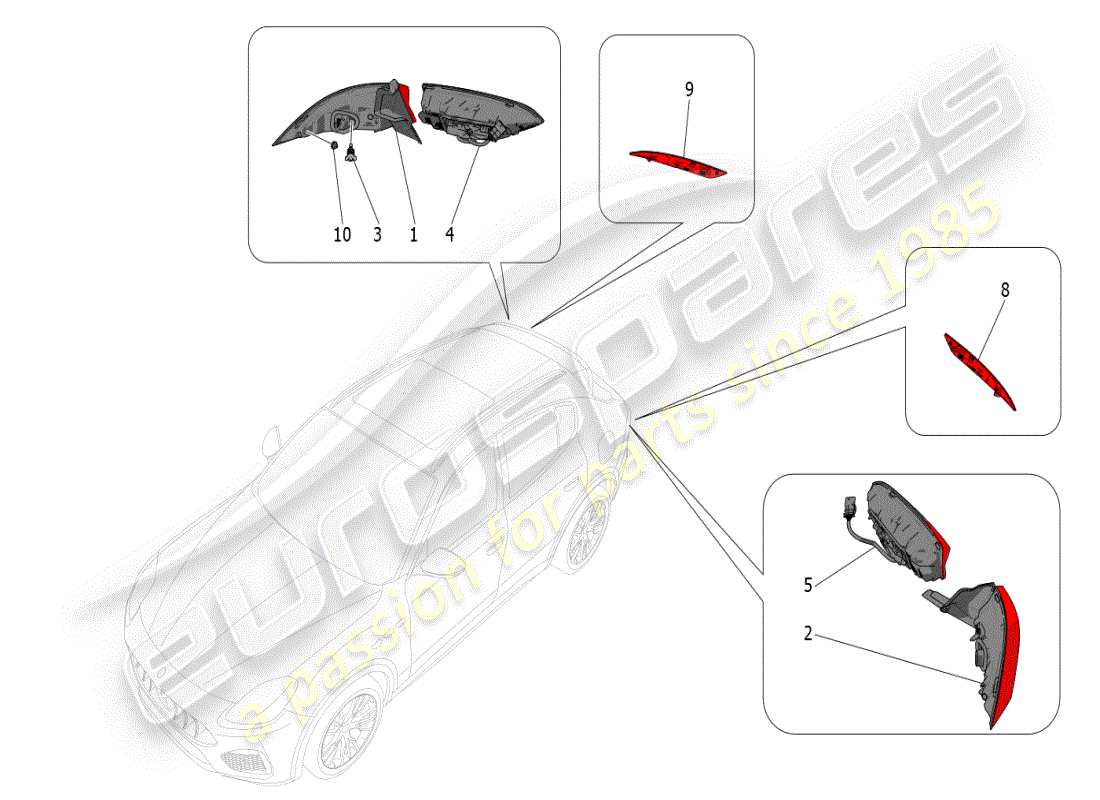 maserati grecale modena (2023) diagramma delle parti dei gruppi ottici posteriori