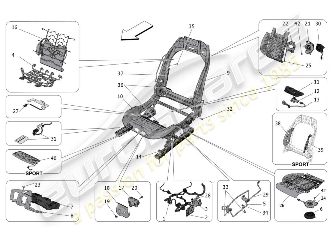 maserati grecale trofeo (2023) sedili anteriori: diagramma delle parti meccaniche ed elettroniche