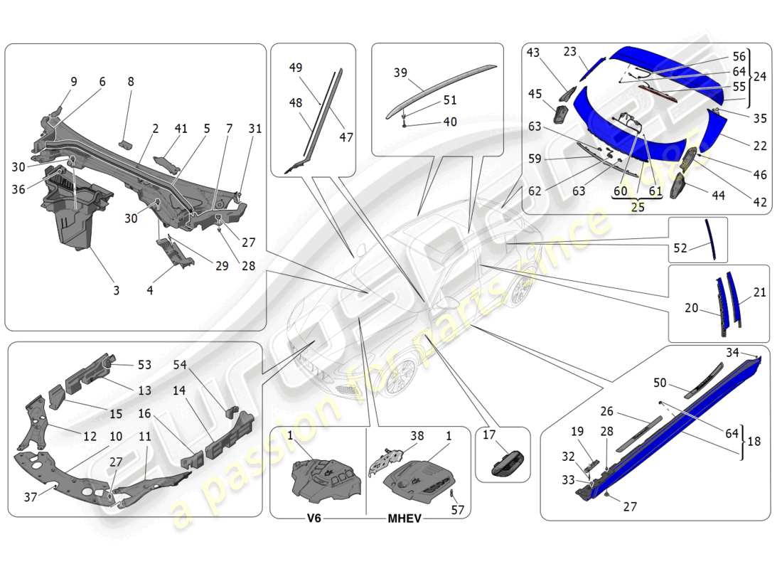 maserati grecale trofeo (2023) schema delle parti di scudi, finiture e pannelli di copertura