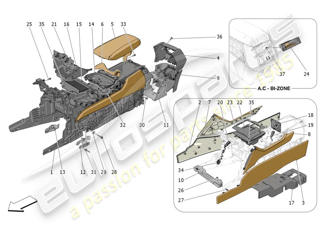 maserati grecale trofeo (2023) schema delle parti della console accessoria e della console centrale