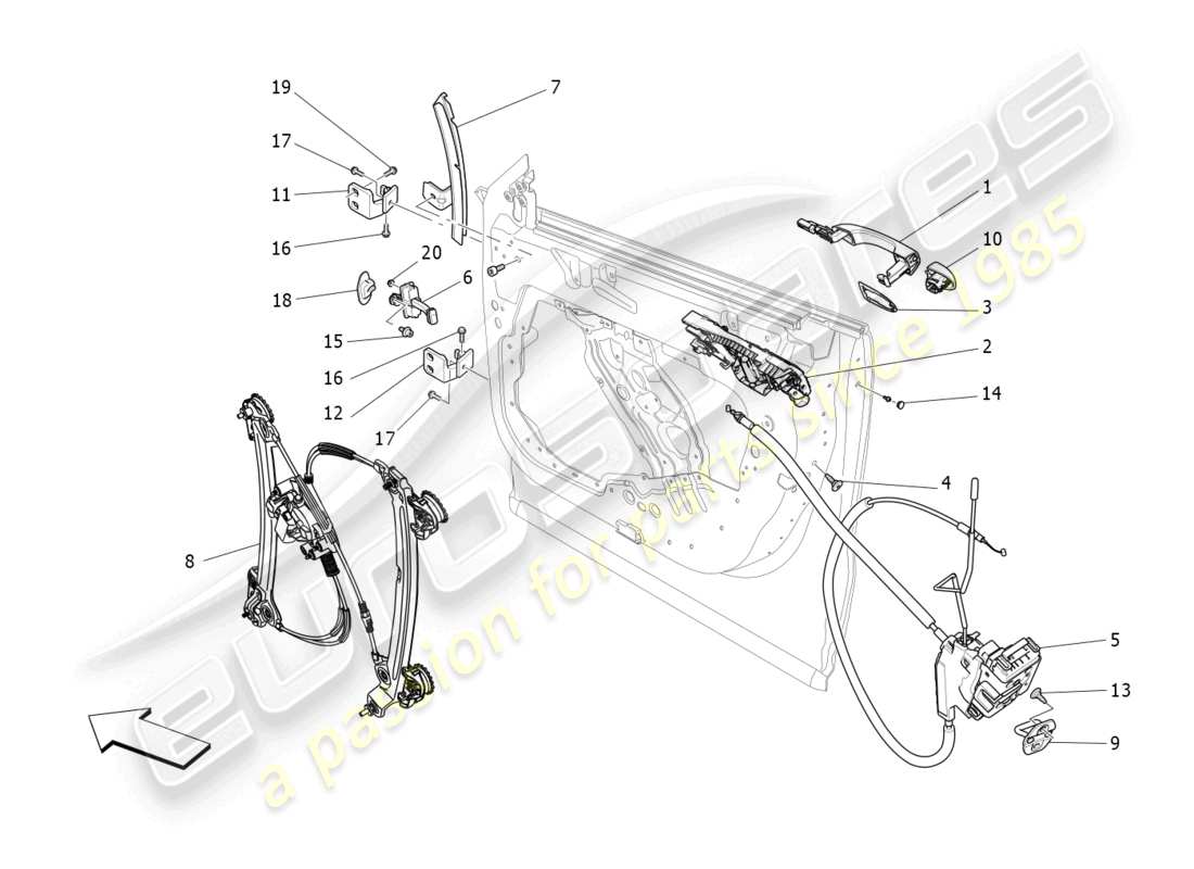 maserati levante gts (2020) porte anteriori: diagramma delle parti dei meccanismi