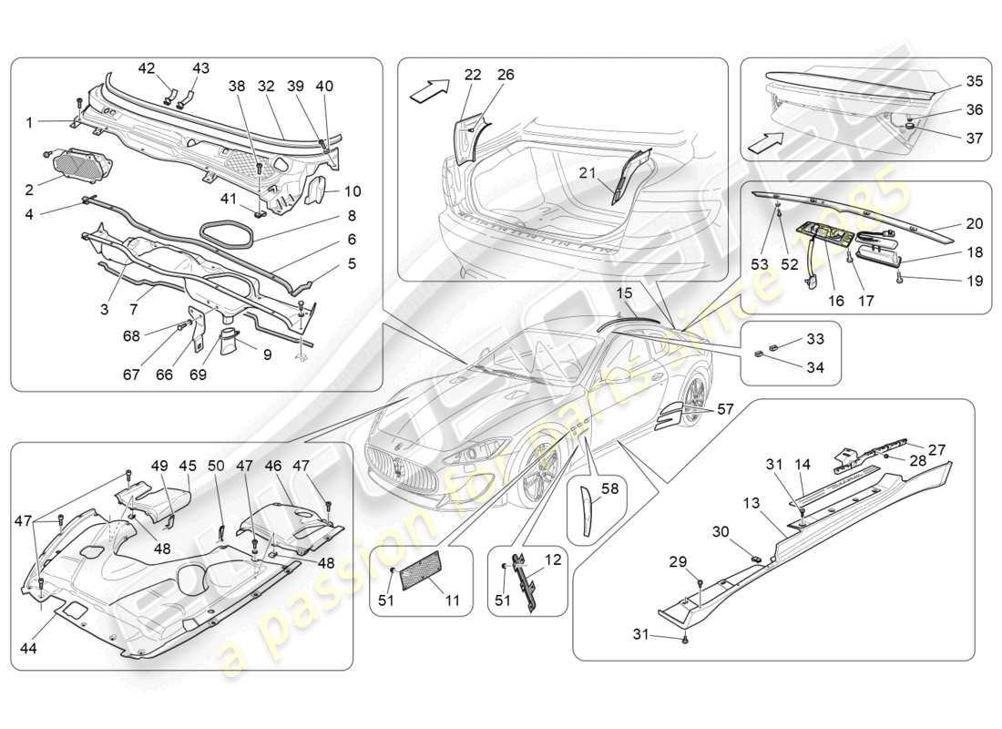 maserati granturismo mc stradale (2012) schema delle parti di scudi, finiture e pannelli di copertura