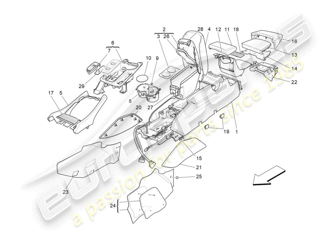 maserati granturismo mc stradale (2012) schema delle parti della console accessoria e della console centrale