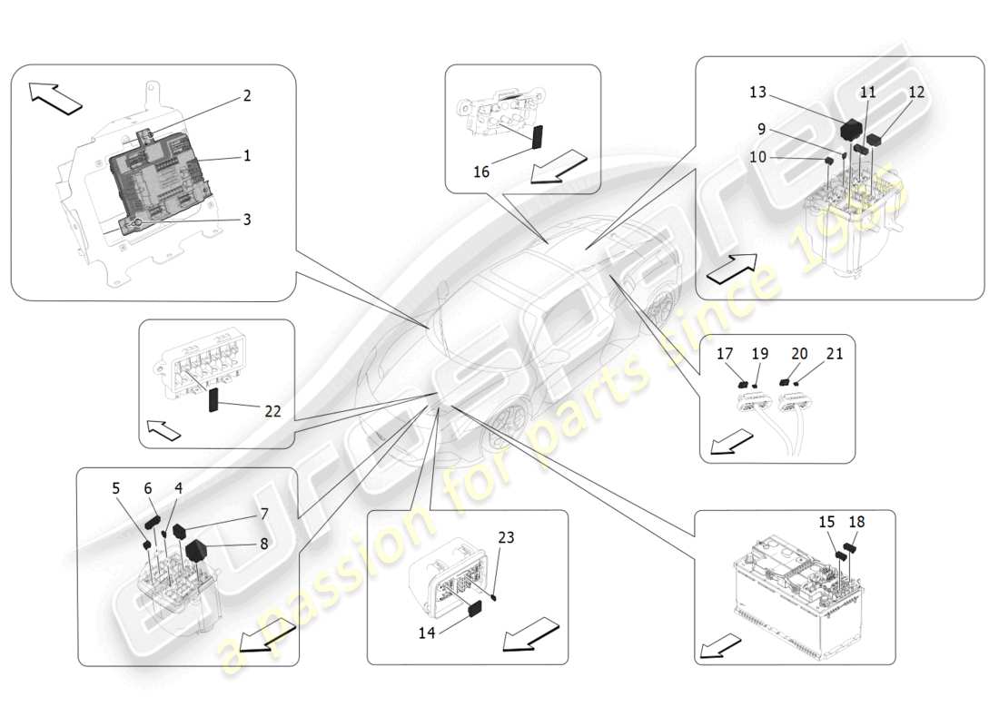maserati mc20 cielo (2023) schema delle parti di relè, fusibili e scatole