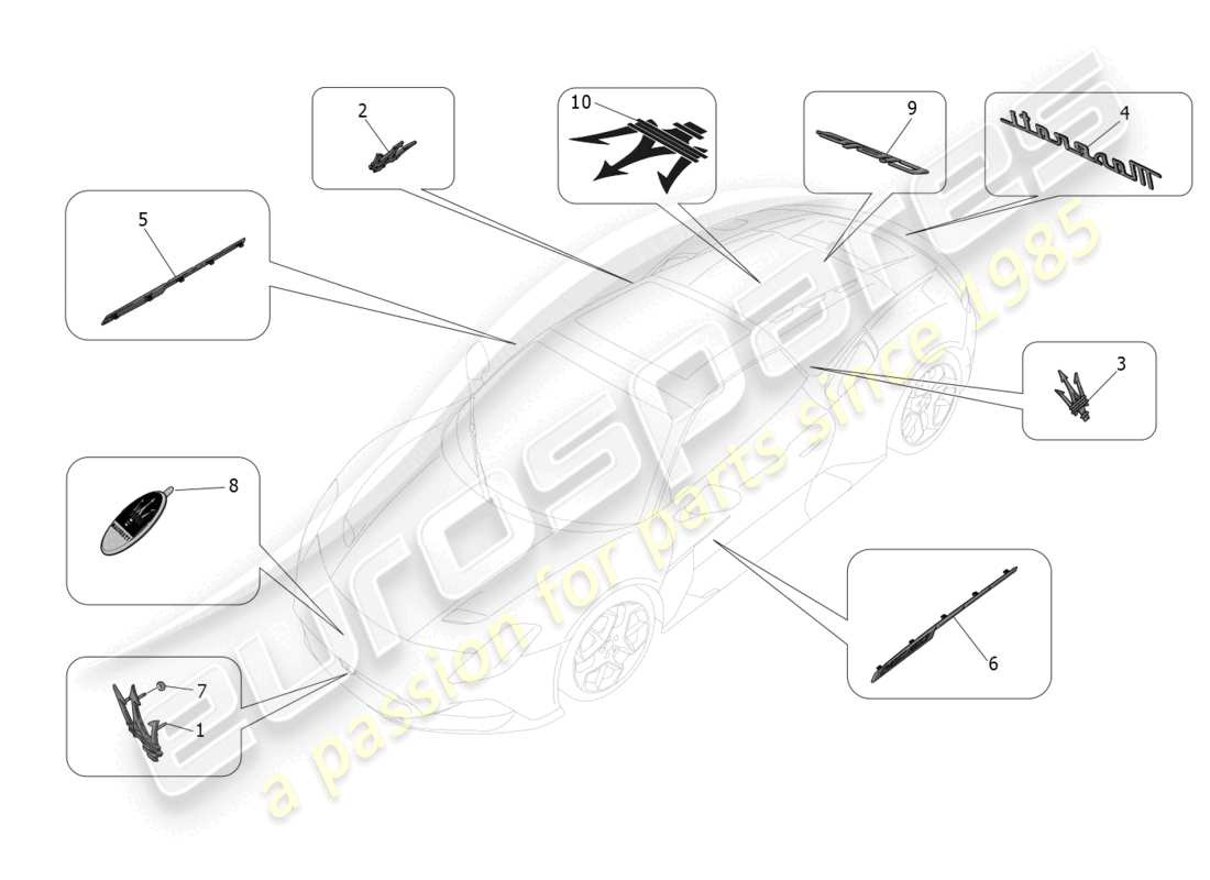 maserati mc20 cielo (2023) diagramma delle parti di finiture, marchi e simboli