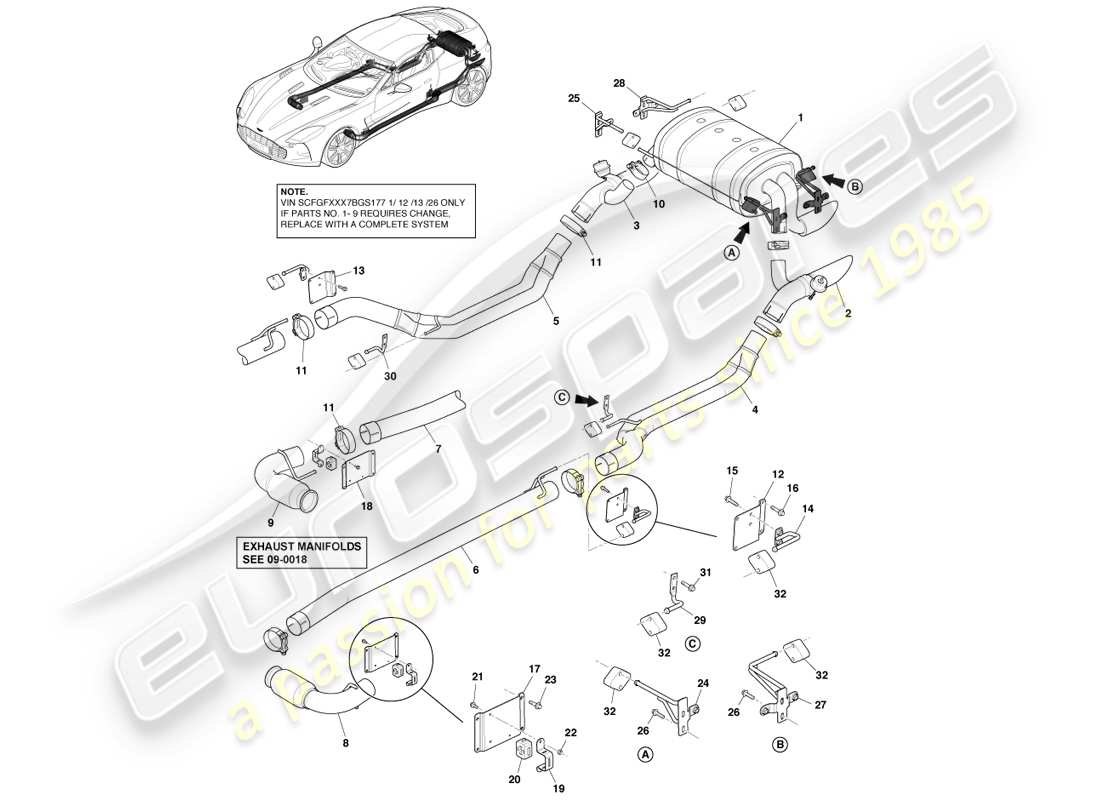 aston martin one-77 (2011) impianto di scarico diagramma delle parti