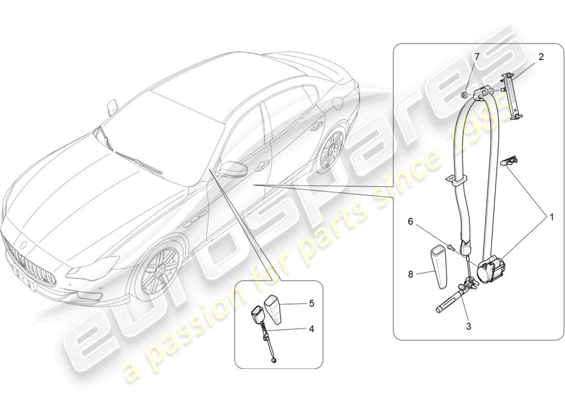 maserati quattroporte (2018) diagramma delle parti delle cinture di sicurezza anteriori