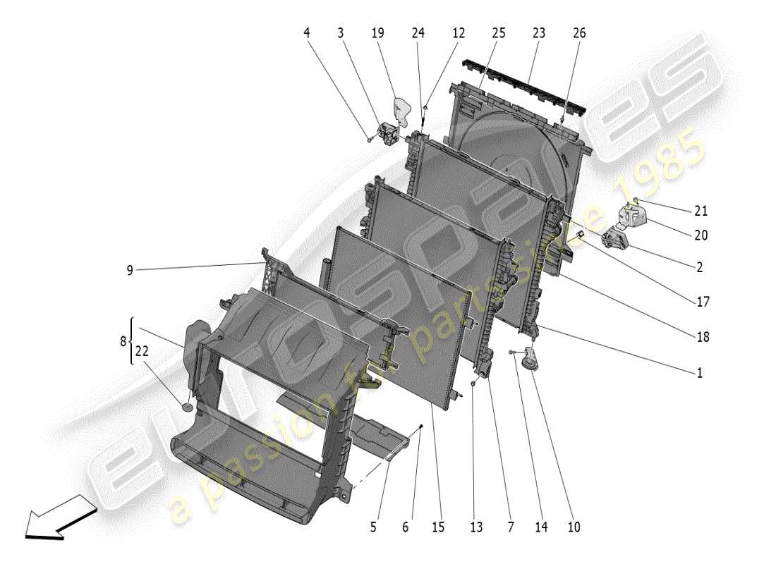 maserati grecale modena (2023) raffreddamento: diagramma delle parti dei radiatori dell'aria e dei condotti