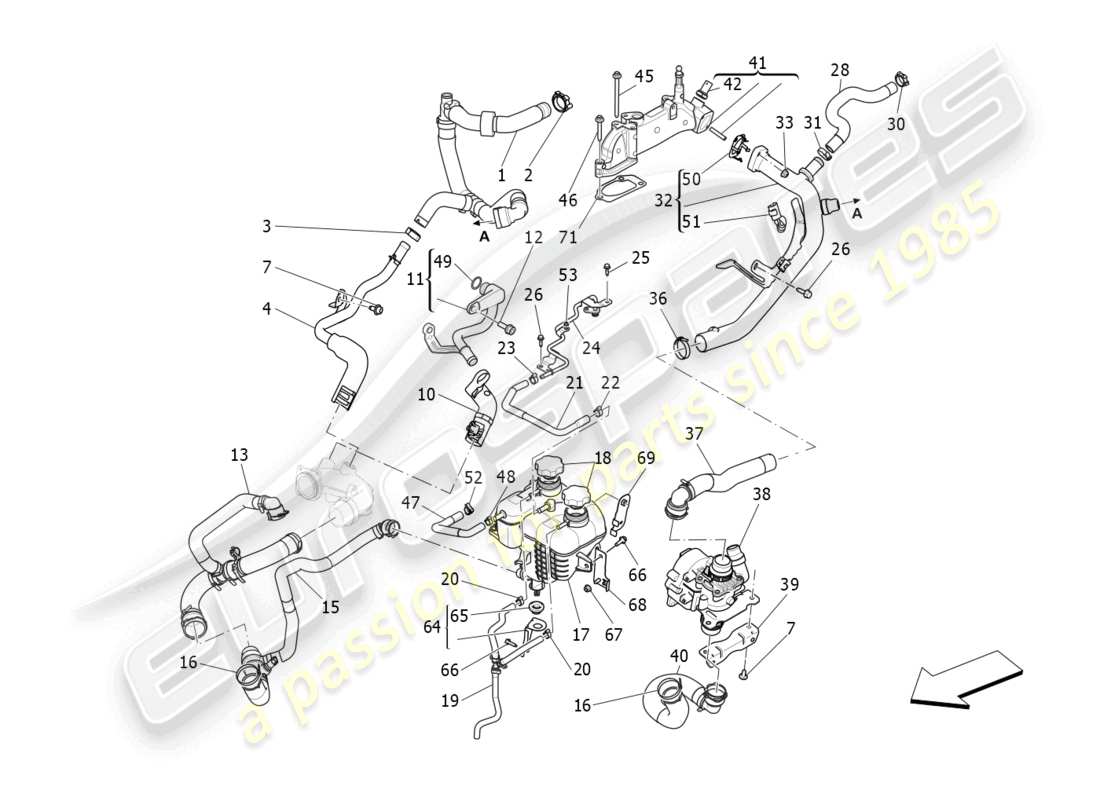 maserati levante gt (2022) sistema di raffreddamento: diagramma delle parti di nourice e linee