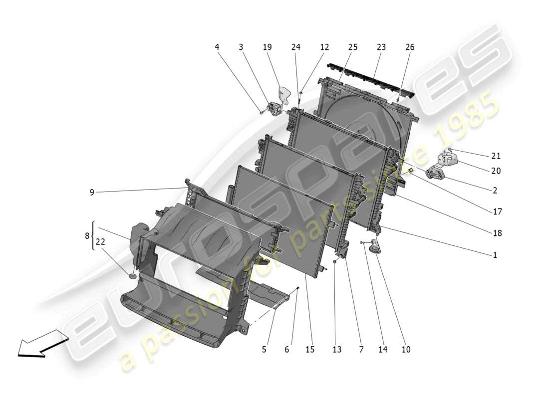 maserati grecale gt (2023) raffreddamento: diagramma delle parti dei radiatori dell'aria e dei condotti