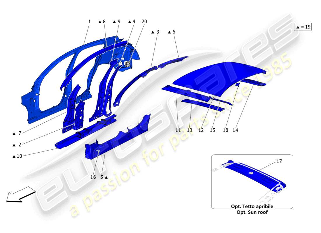 maserati grecale trofeo (2023) schema delle parti della carrozzeria e dei pannelli di rivestimento esterni centrali