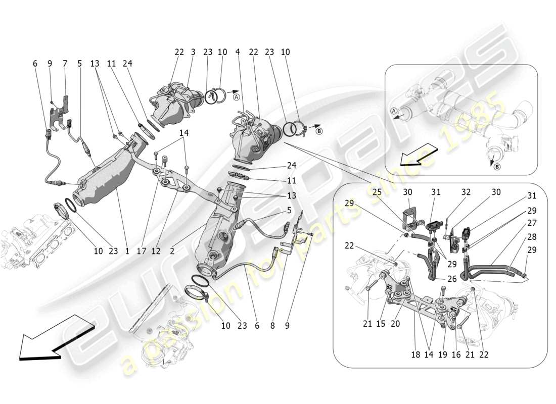 maserati mc20 cielo (2023) diagramma delle parti dei convertitori pre-catalitici e dei convertitori catalitici