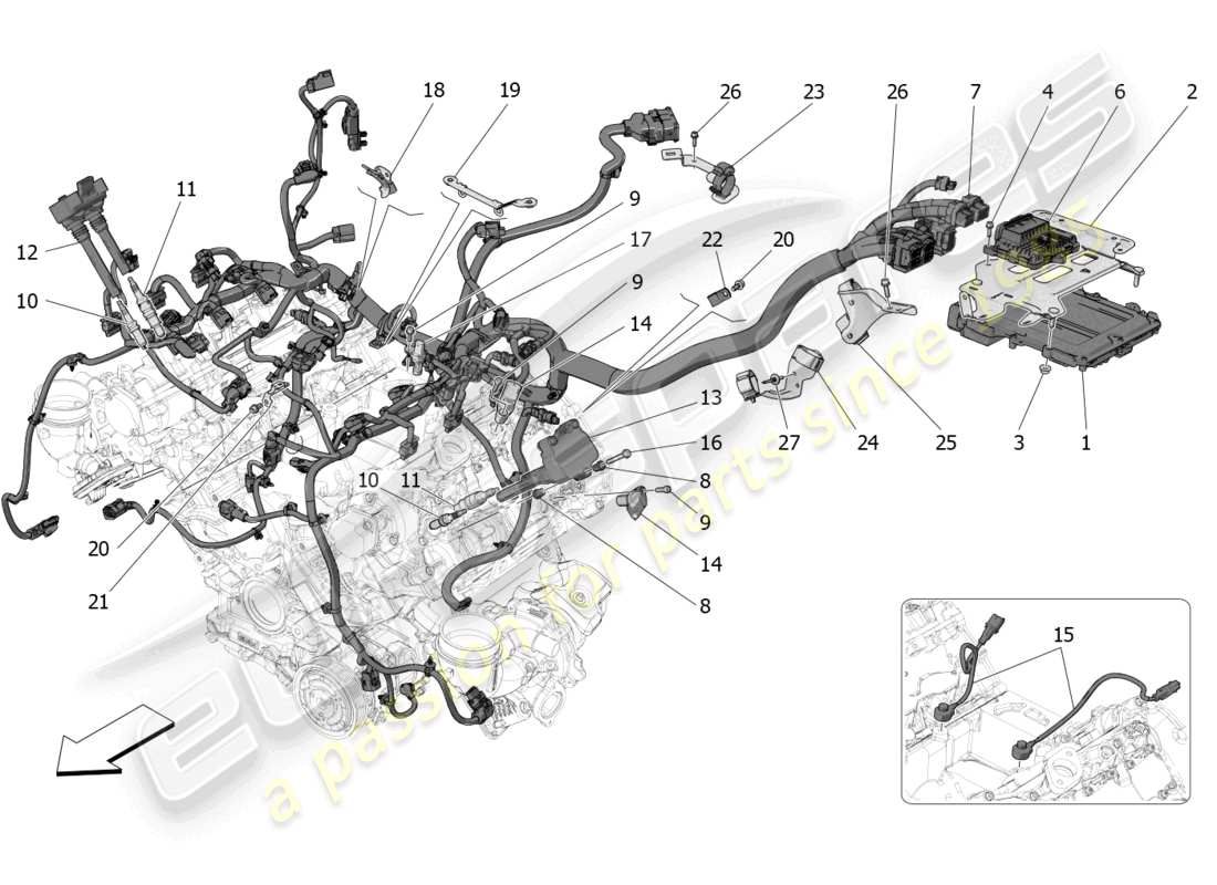 maserati mc20 cielo (2023) controllo elettronico: diagramma delle parti di controllo dell'iniezione e della fasatura del motore