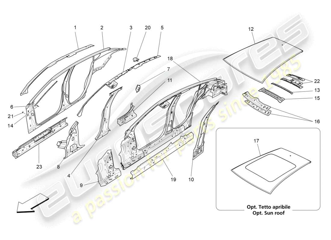 maserati levante modena s (2022) schema delle parti della carrozzeria e dei pannelli di rivestimento esterni centrali