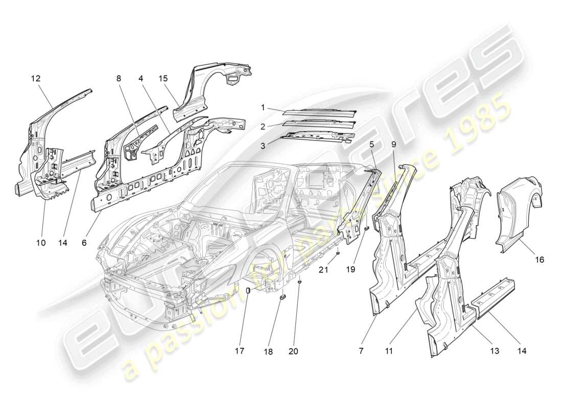 maserati grancabrio mc (2013) schema delle parti della carrozzeria e dei pannelli di rivestimento esterni centrali
