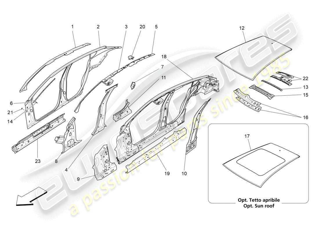 maserati levante gts (2020) schema delle parti della carrozzeria e dei pannelli di rivestimento esterni centrali