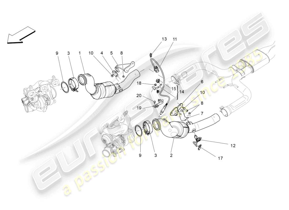 maserati levante (2020) diagramma delle parti dei convertitori pre-catalitici e dei convertitori catalitici