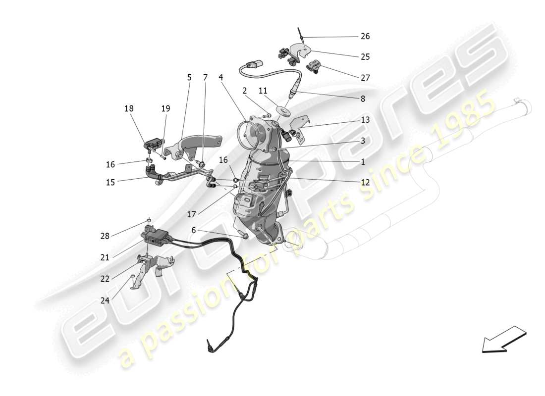 maserati grecale gt (2023) diagramma delle parti dei convertitori pre-catalitici e dei convertitori catalitici